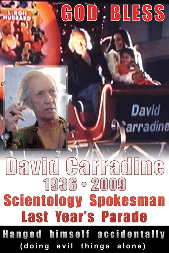 david carradine scientology float protest poster